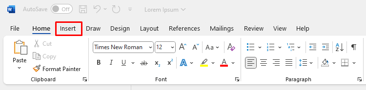 chọn tab Insert