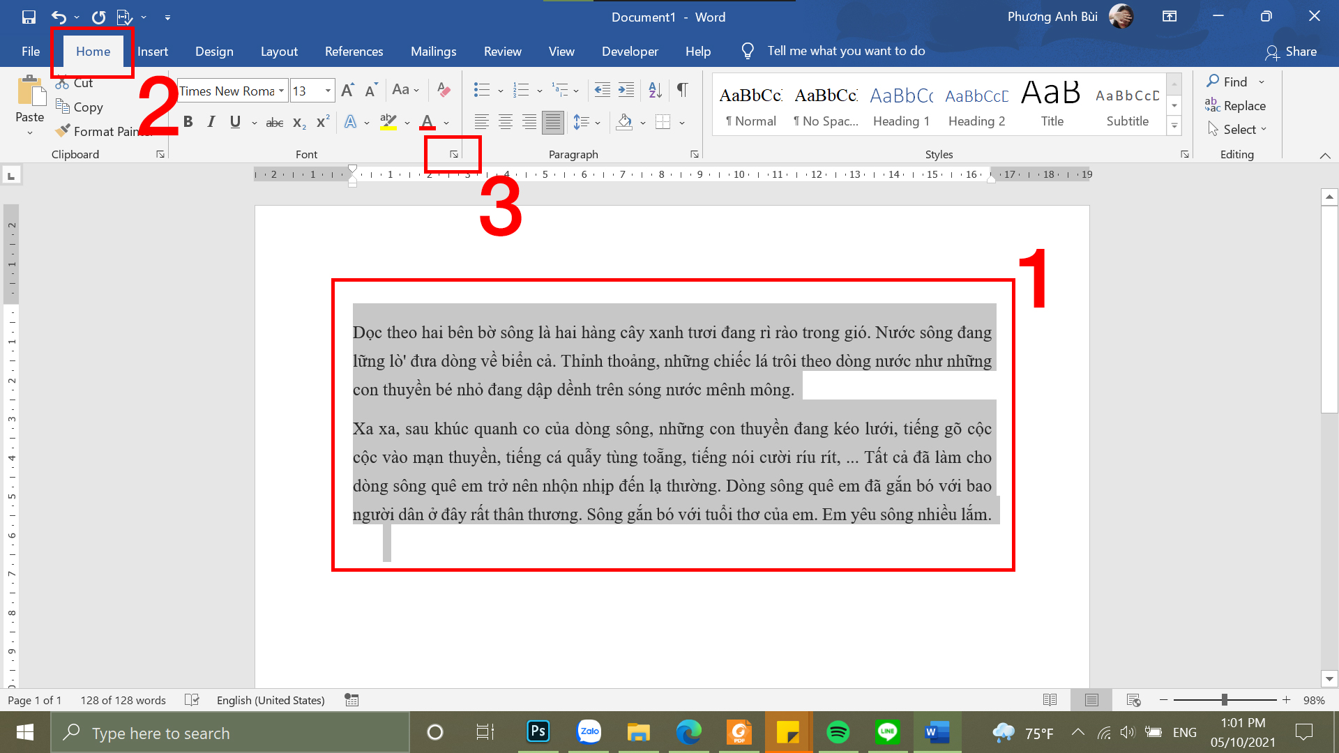 Bôi đen đoạn văn bản và mở hộp thoại Font