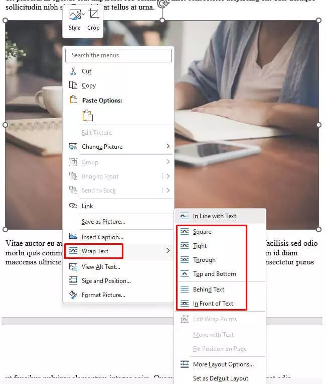 Chọn một kiểu ngắt dòng văn bản bất kỳ ngoại trừ kiểu In Line with Text