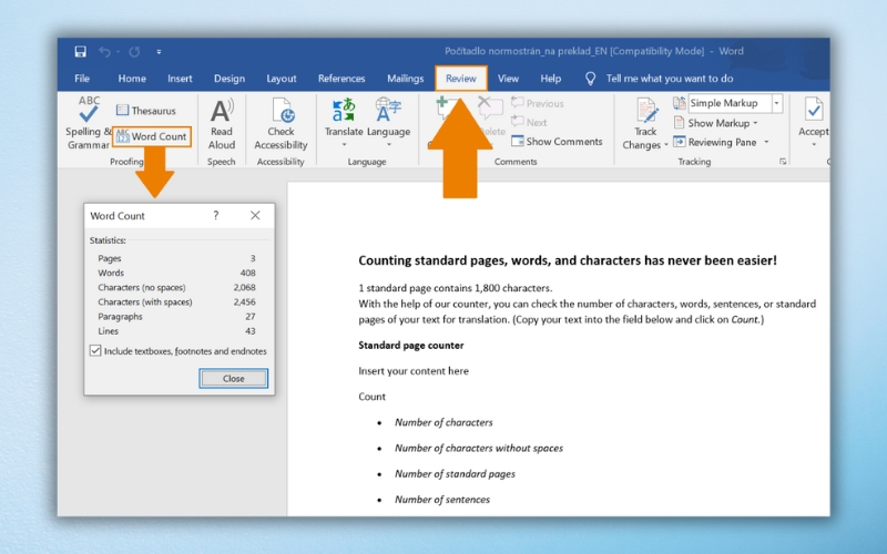 Kiểm tra cài đặt Word Count trong tab Review