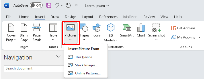 Nhấp vào Pictures để chèn ảnh
