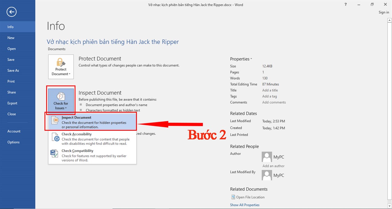 chọn Check for Issues, rồi chọn tiếp Inspect Document