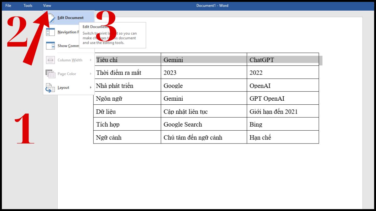 nhấn vào tab View và chọn Edit Document