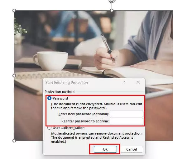 thiết lập mật khẩu và nhấn OK