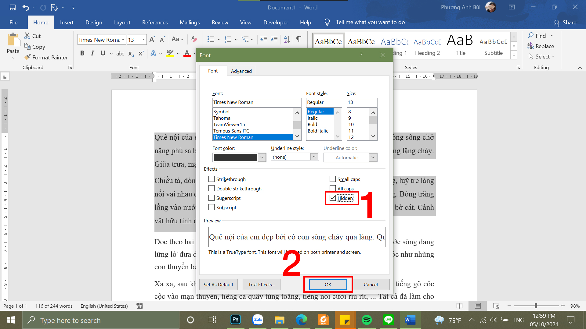 tìm mục Effects và đánh dấu vào ô Hidden