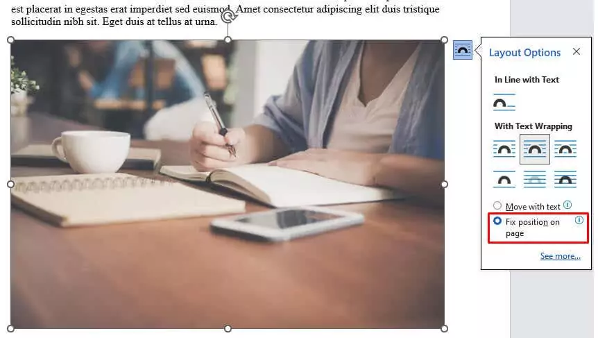 tích chọn Fix position on page