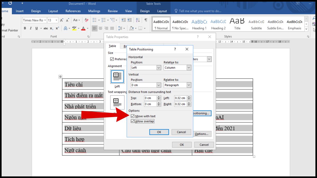 đánh dấu vào tùy chọn Move with text