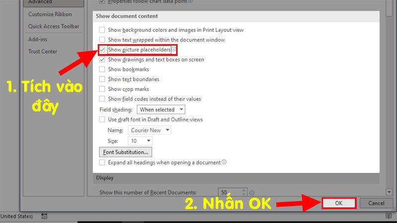 tích chọn vào mục Show picture placeholders