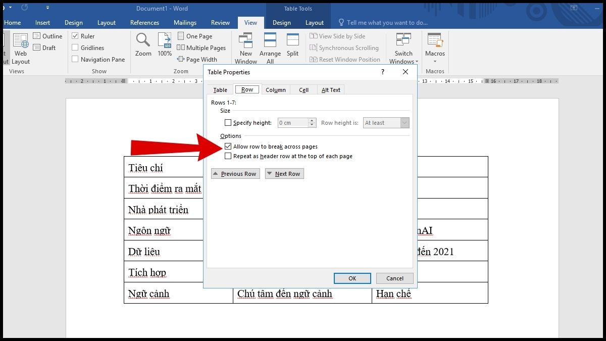 đánh dấu vào tùy chọn Allow row to break across pages