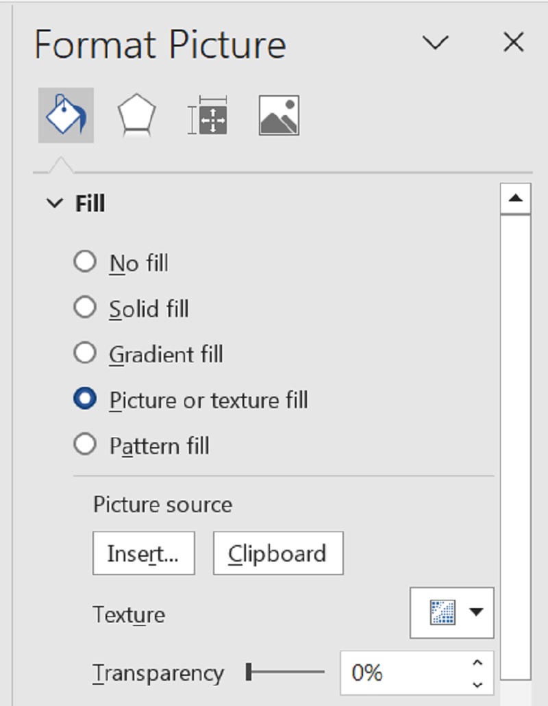 chọn Picture or texture fill, sau đó bấm Insert…