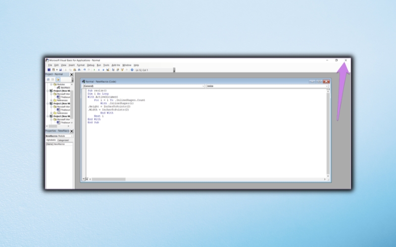 dán code vào cửa sổ Microsoft Visual Basic rồi đóng lại