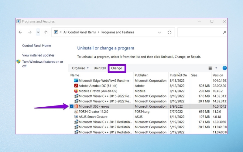 tìm Microsoft Office và chọn vào đó, rồi nhấn nút Change