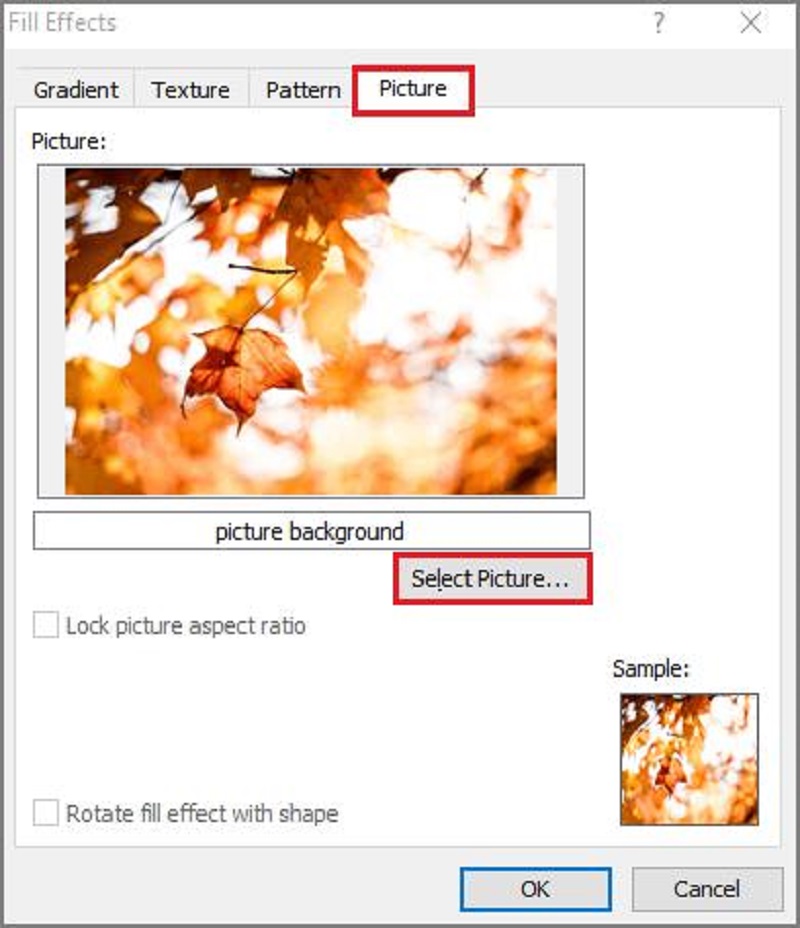 chuyển sang tab Picture rồi nhấn Select Picture…