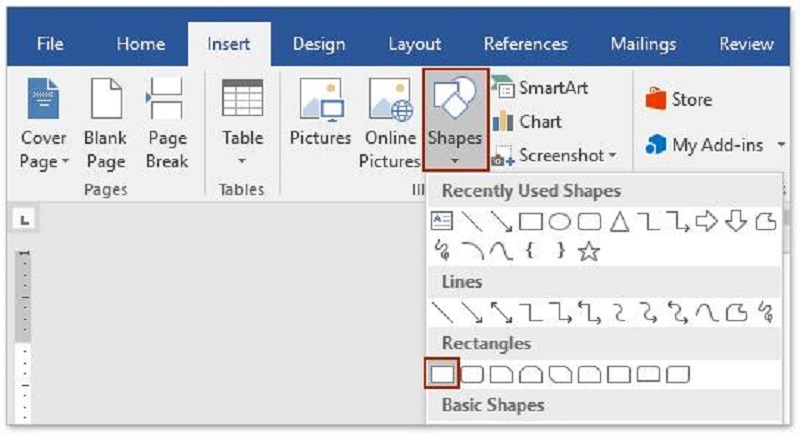 vào tab Insert → Shapes → chọn hình chữ nhật (Rectangle)
