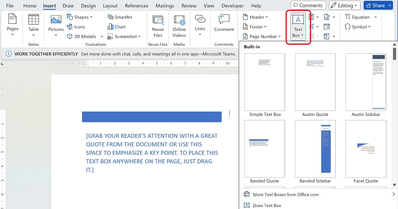 vào tab Insert → Text Box → chọn Draw Text Box