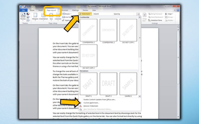 Nhấp vào Watermark, sau đó chọn Custom Watermark