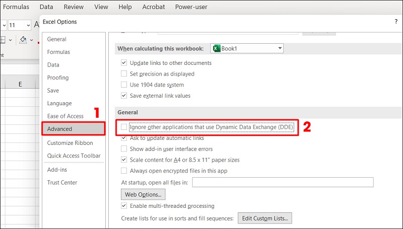 bỏ tích chọn Ignore other applications that use Dynamic Data Exchange (DDE) rồi nhấn OK
