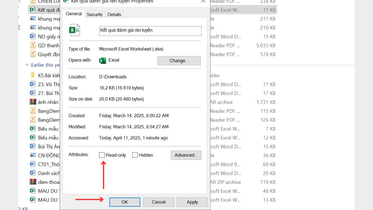 bỏ dấu tick mục Read-only và nhấn OK