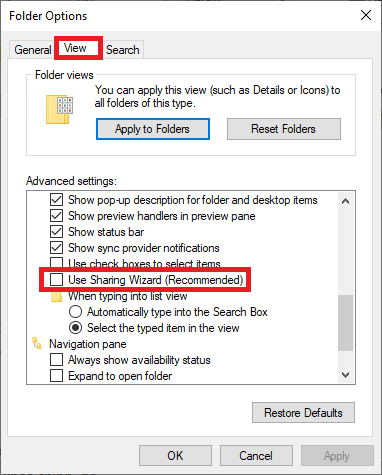Bỏ dấu tick ở ô Use Sharing Wizard (Recommended)