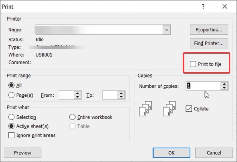 bỏ dấu tick ở mục Print to File
