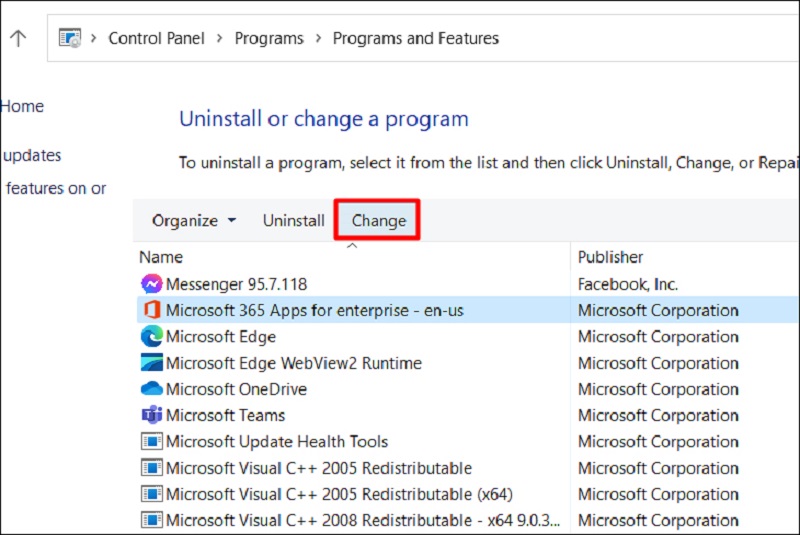 chọn bộ Microsoft Office và nhấn Change