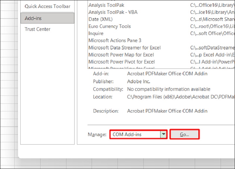 chọn COM Add-ins rồi nhấn Go