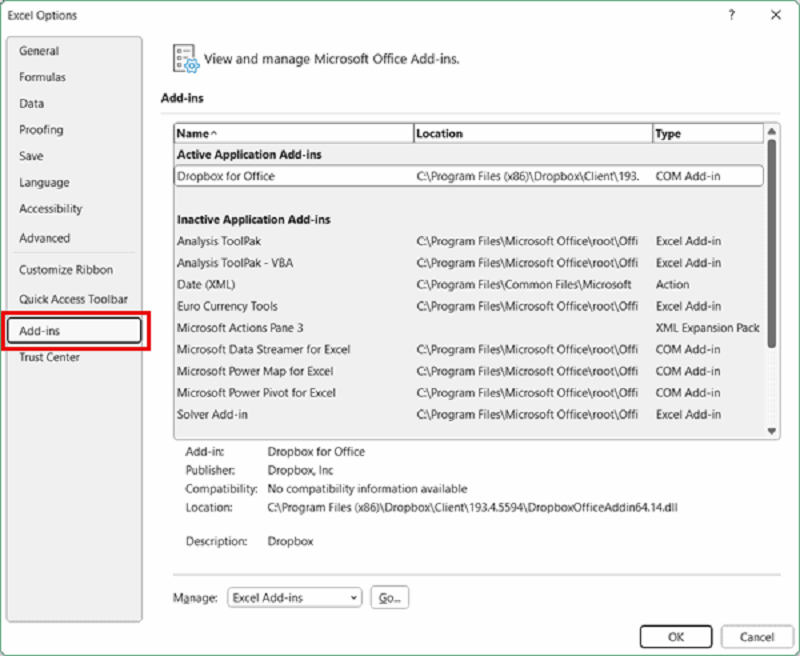 chọn Excel Add-ins trong menu Manage và nhấn Go