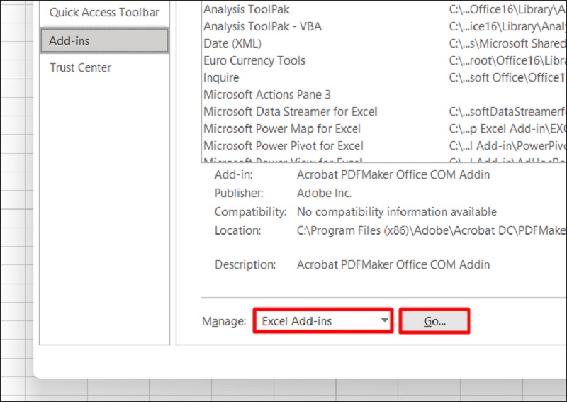 chọn Excel Add-ins rồi nhấn Go