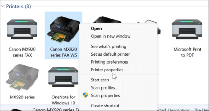 nhấp chuột phải và chọn Printer properties
