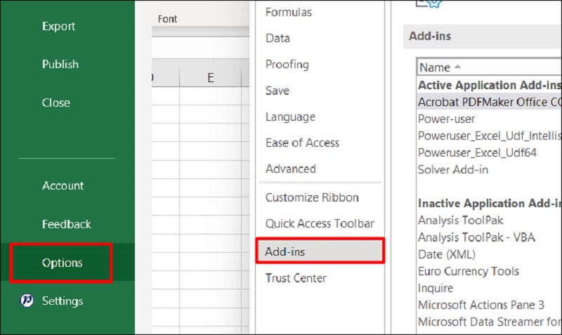 chọn Add-ins ở menu bên trái