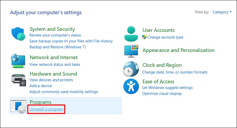 nhấn chọn Uninstall a program