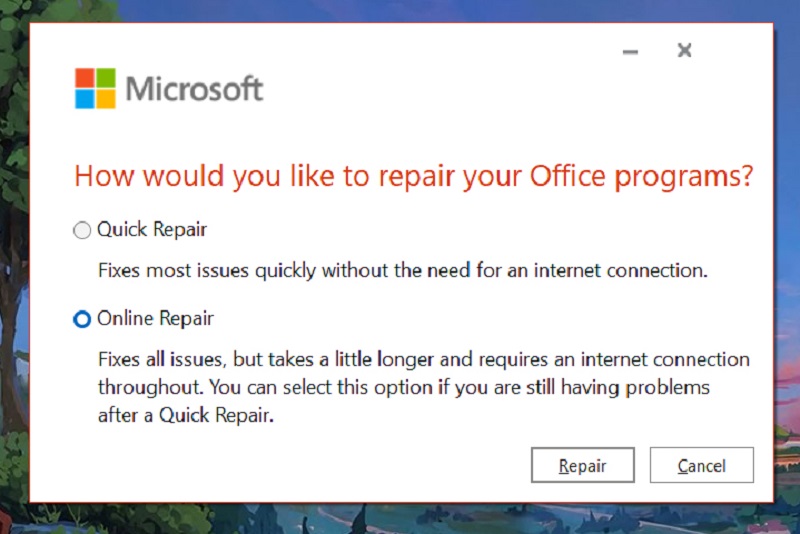 chọn Online Repair và nhấn Repair