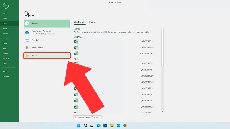 vào tab File → chọn Open → nhấn Browse