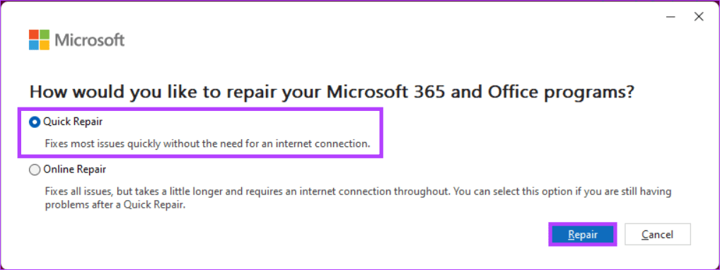 Chọn Quick Repair hoặc Online Repair để sửa chữa Microsoft Office