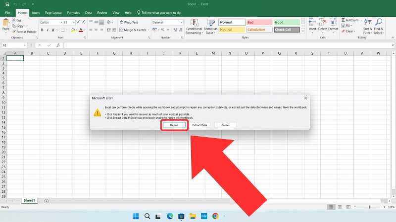 chọn Repair để Excel tự động sửa file