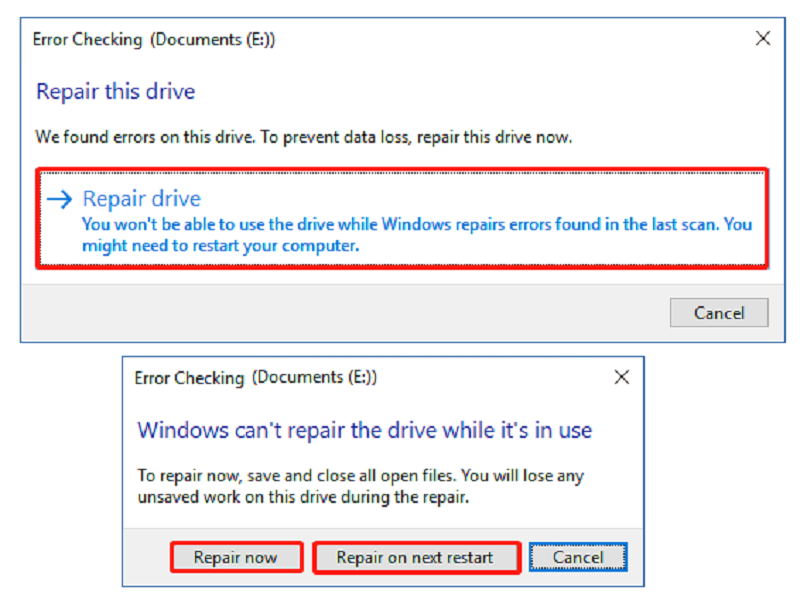 chọn Repair Drive để sửa chữa nếu phát hiện lỗi