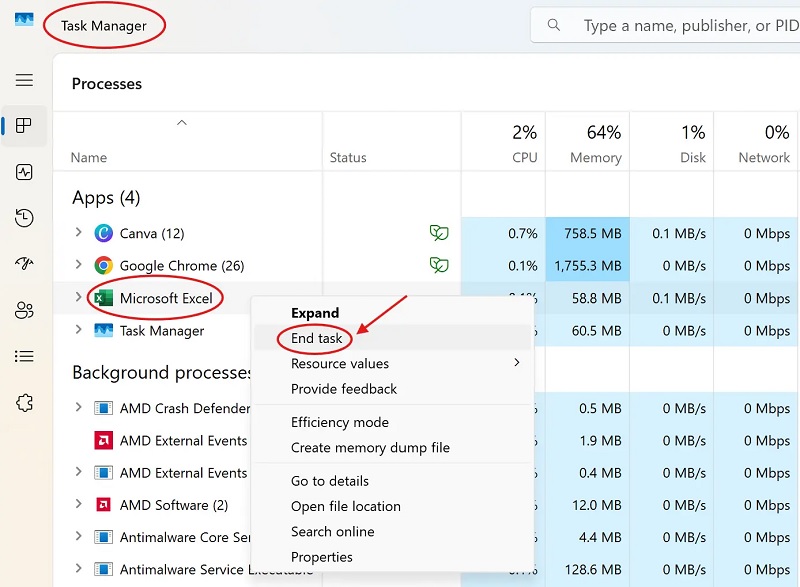 Mở Task Manager và nhấn End Task các tiến trình Excel