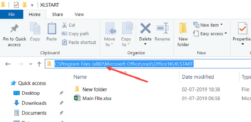 vào File Exporer, nhập đường dẫn và mở thư mục XLSTART