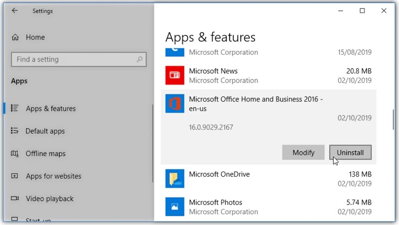 nhấn Uninstall để gỡ cài đặt Office