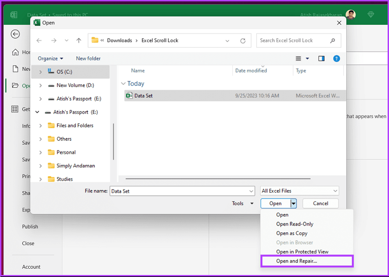 chọn Open and Repair từ menu xổ xuống