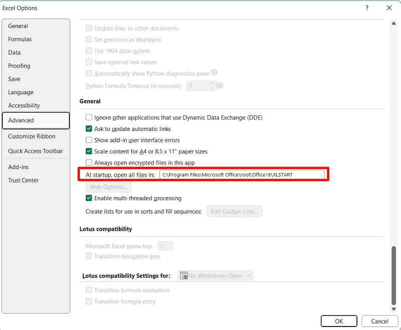 Kéo xuống phần General, tìm mục At startup, open all files in