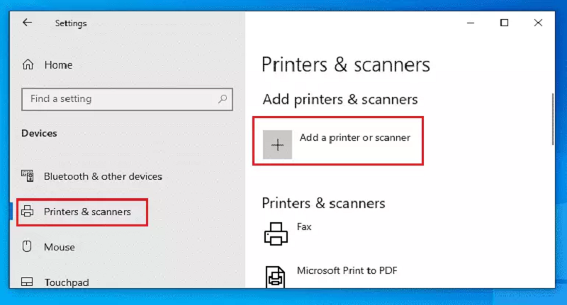 nhấn Add a printer or scanner