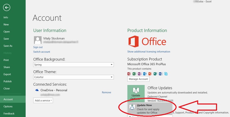 nhấn Update Now để Excel cập nhật phiên bản mới nhất