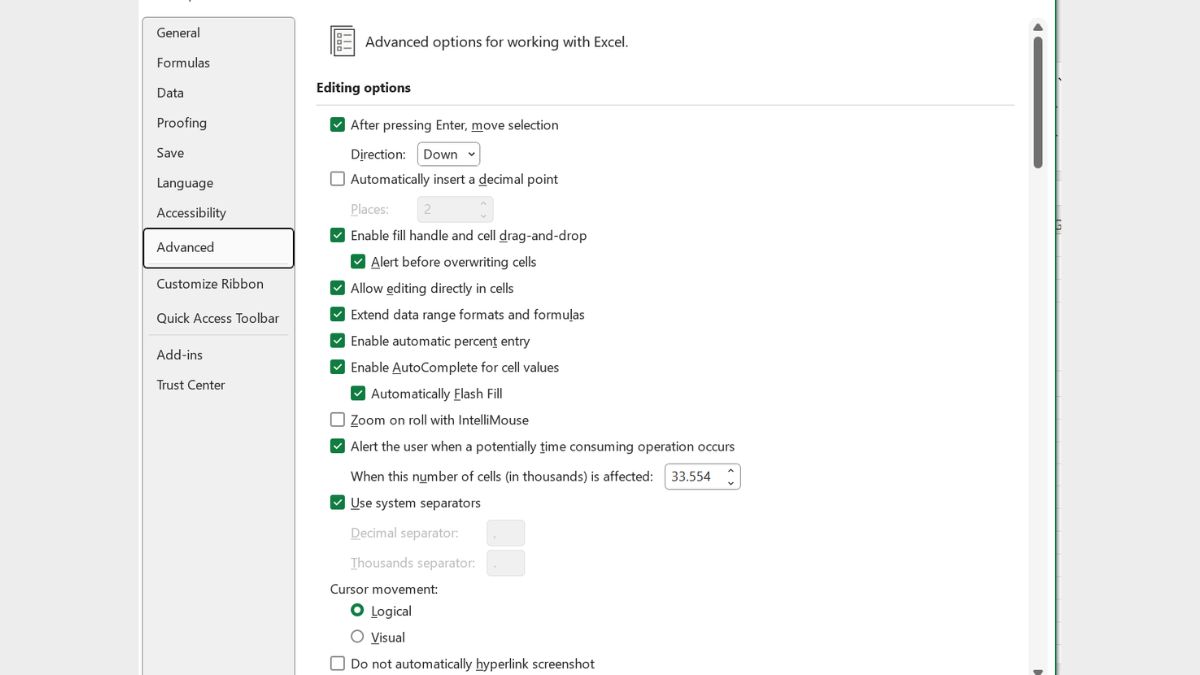 nhấn vào Advanced và kiểm tra các tùy chọn tại mục Editing Options