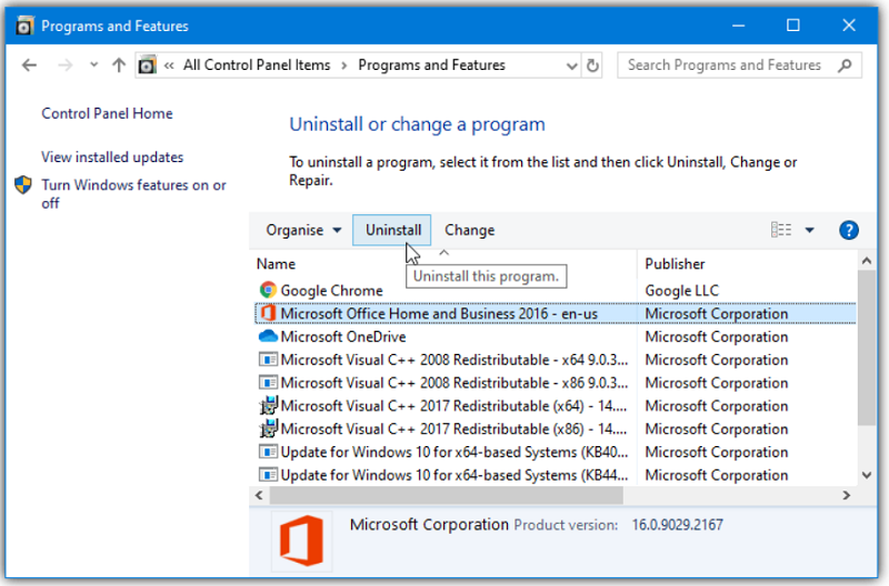 chọn bộ cài Microsoft Office và nhấn Uninstall