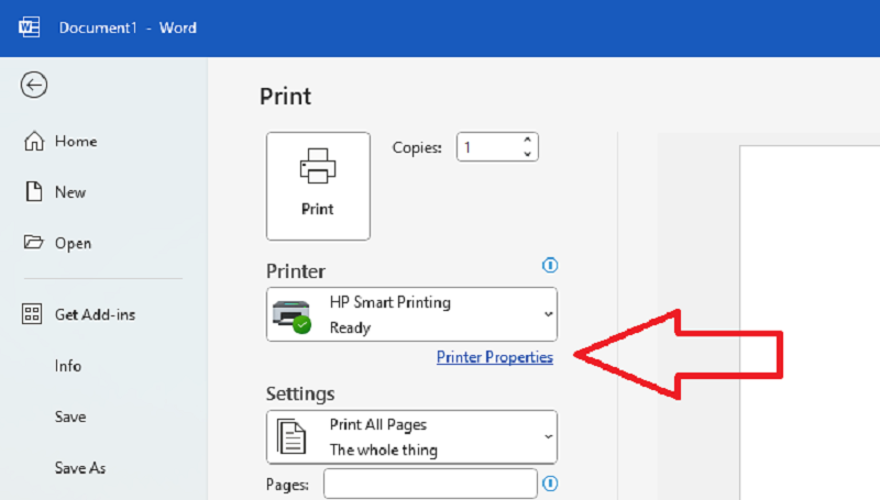 nhấn vào nút Printer Properties
