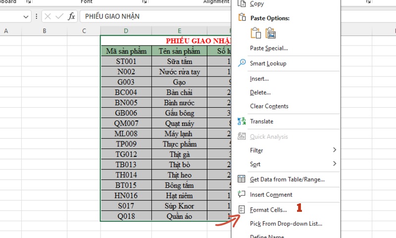 nhấn chuột phải và chọn Format Cells