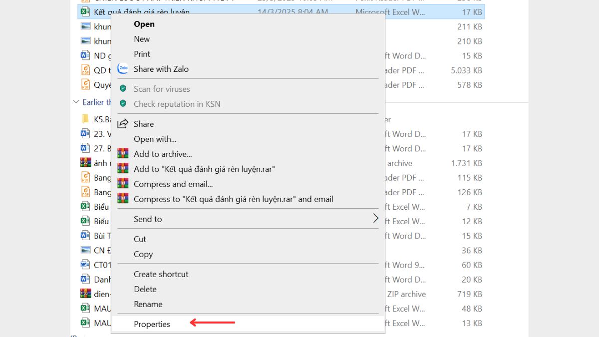 nhấn chuột phải vào file Excel và chọn Properties