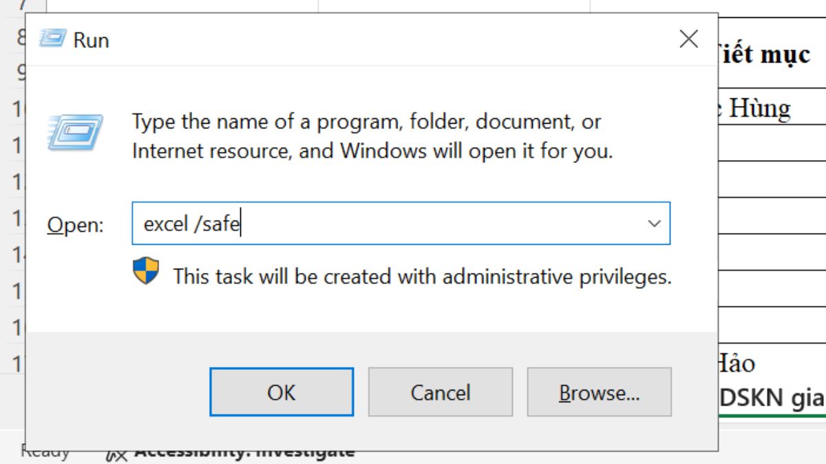 nhập lệnh excel /safe và nhấn Enter