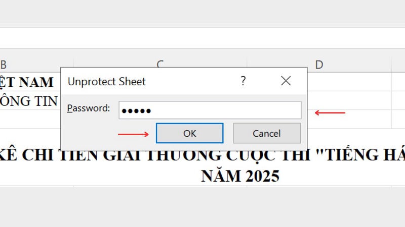 nhập đúng mật khẩu và nhấn OK